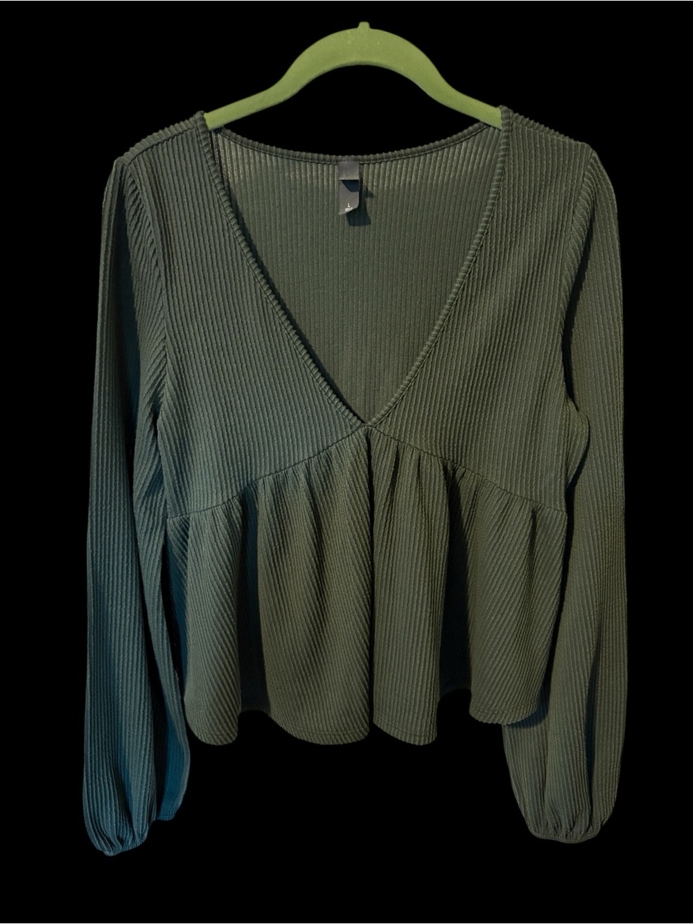 Alya Olive Green Ribbed V-Neck Peplum Long-Sleeve Top